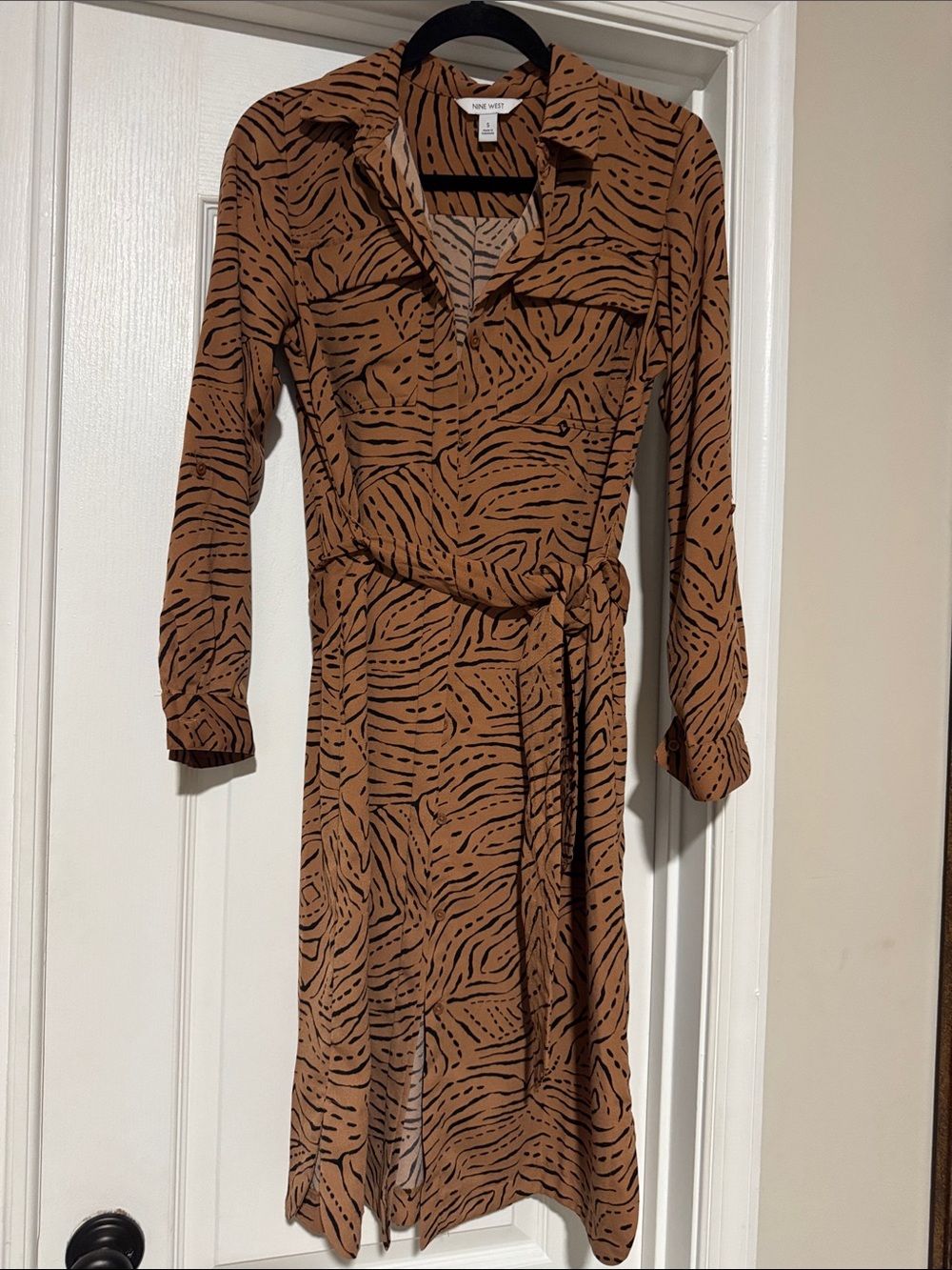 Nine West Brown and Black Animal-Print Long Sleeve Shirt Dress